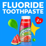 Colgate Kids Watermelon Burst Toothpaste with watermelon slices on a blue background. In text: Fluoride Toothpaste 2+.