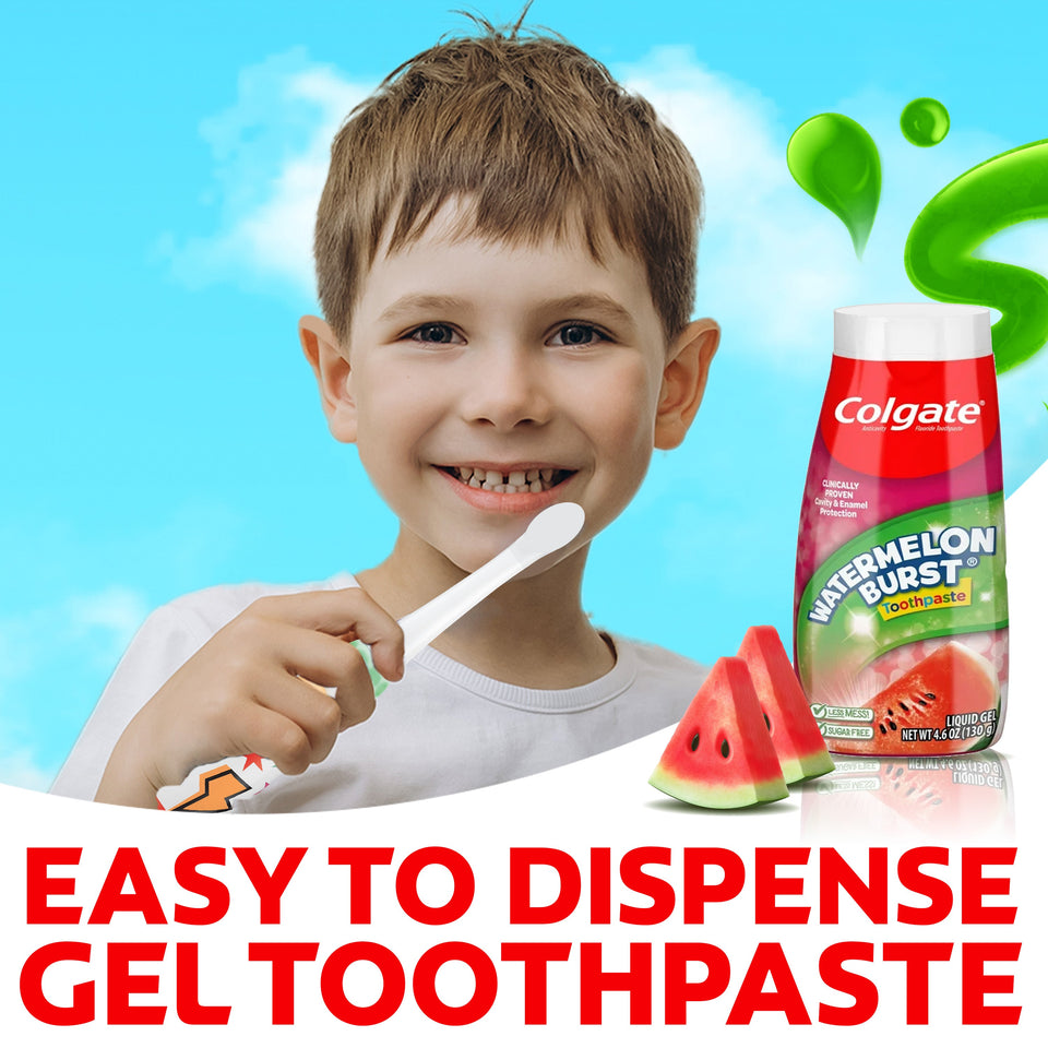Child with toothbrush and Colgate Kids Watermelon Burst Toothpaste on a blue background. In text: Easy to dispense gel toothpaste.