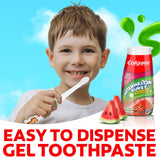Child with toothbrush and Colgate Kids Watermelon Burst Toothpaste on a blue background. In text: Easy to dispense gel toothpaste.
