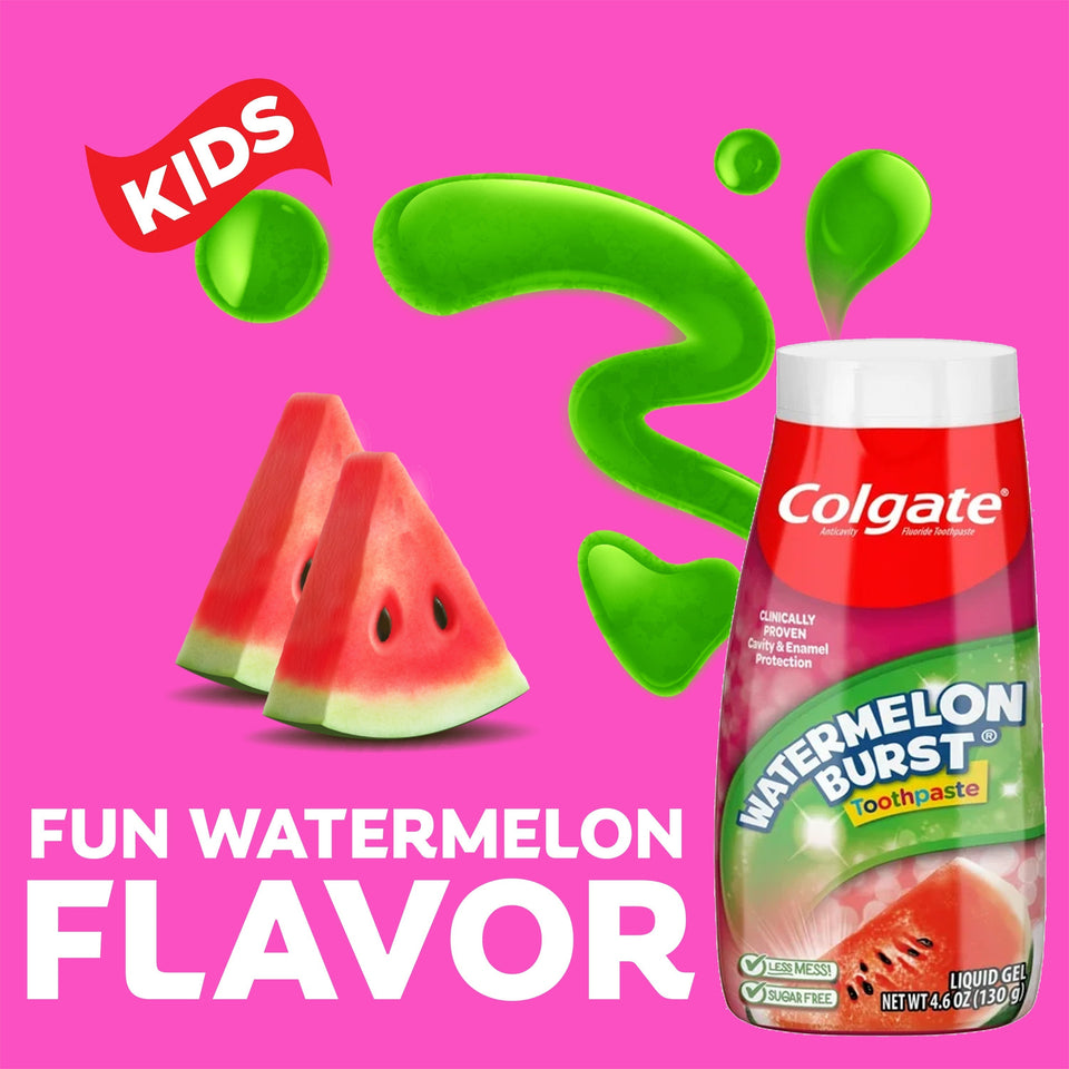 Colgate Kids Watermelon Burst Toothpaste with watermelon slices and green swirls on a pink background. A red banner with text: Kids. In text: Fun watermelon flavor.
