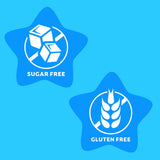 Two blue star-shaped labels with icons for 'Sugar Free' and 'Gluten Free' text on a blue background.