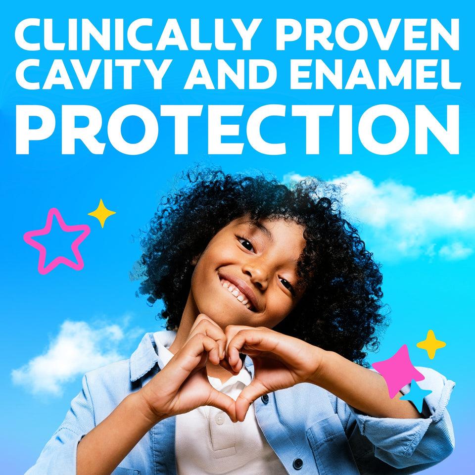 Child making a heart shape with hands against a blue sky background with stars. In text: Clinically proven cavity and enamel enamel protection.