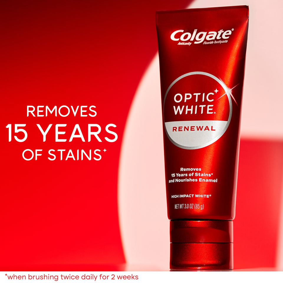 Colgate Optic White Renewal High Impact White Toothpaste. In text: Removes 15 years of stains*. *when brushing twice daily for 2 weeks.