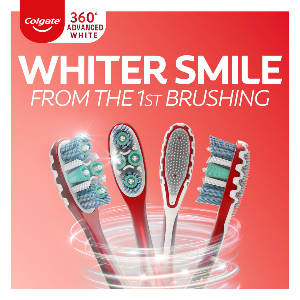 Colgate 360° Advanced Optic White Manual Toothbrush. In text: Whiter smile from the 1st brushing.