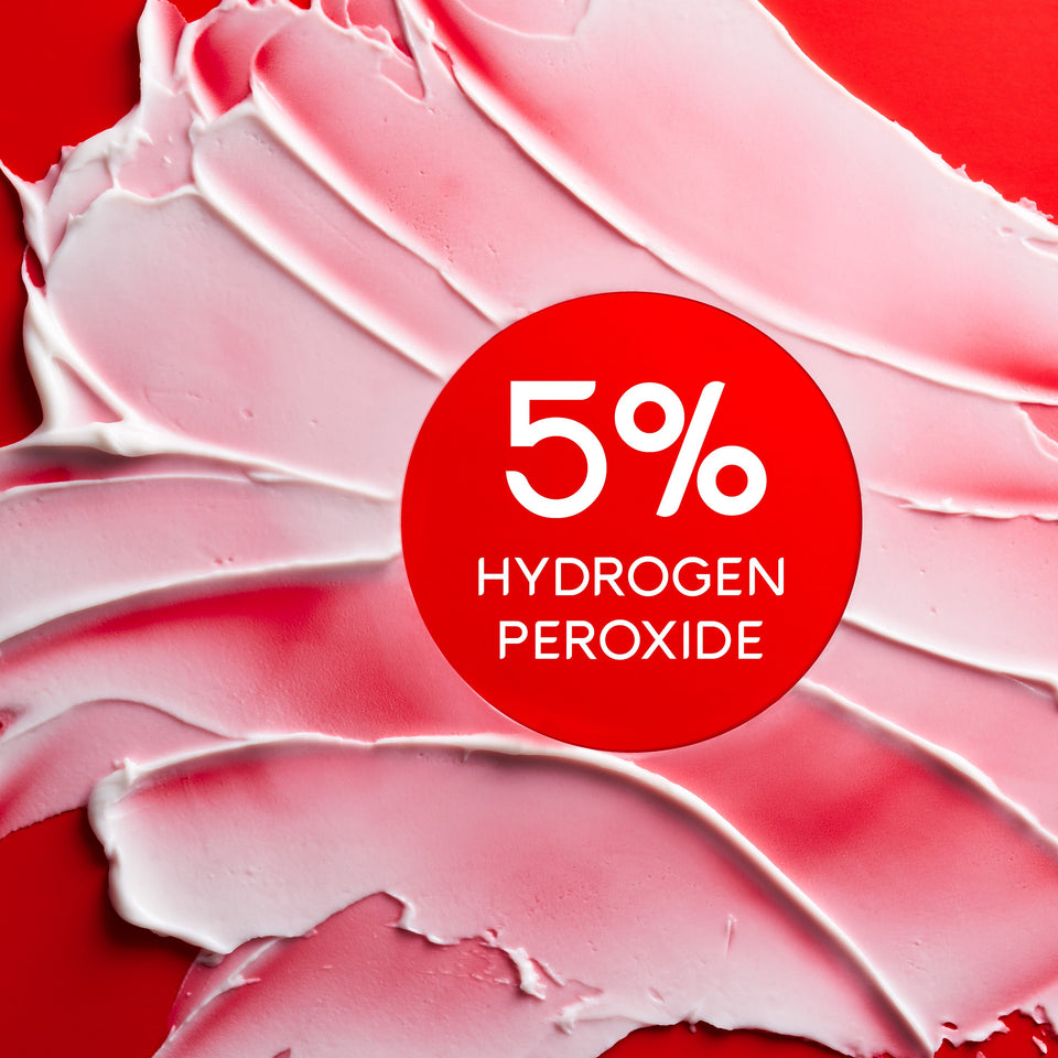 Colgate Optic White Renewal High Impact White Toothpaste smeared on a red background. In text: 5% hydrogen peroxide.