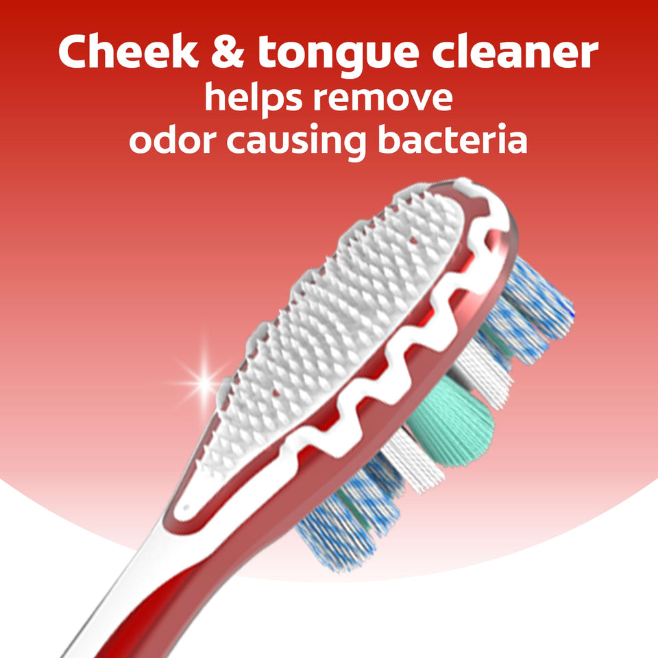 Colgate 360° Advanced Optic White Manual Toothbrush. In text: Cheek & tongue cleaner helps remove odor causing bacteria.