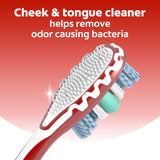 Colgate 360° Advanced Optic White Manual Toothbrush. In text: Cheek & tongue cleaner helps remove odor causing bacteria.