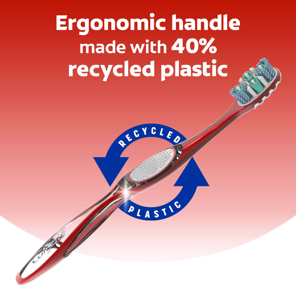 Colgate 360° Advanced Optic White Manual Toothbrush. In text: Ergonomic handle made with 40% recycled plastic.