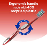 Colgate 360° Advanced Optic White Manual Toothbrush. In text: Ergonomic handle made with 40% recycled plastic.