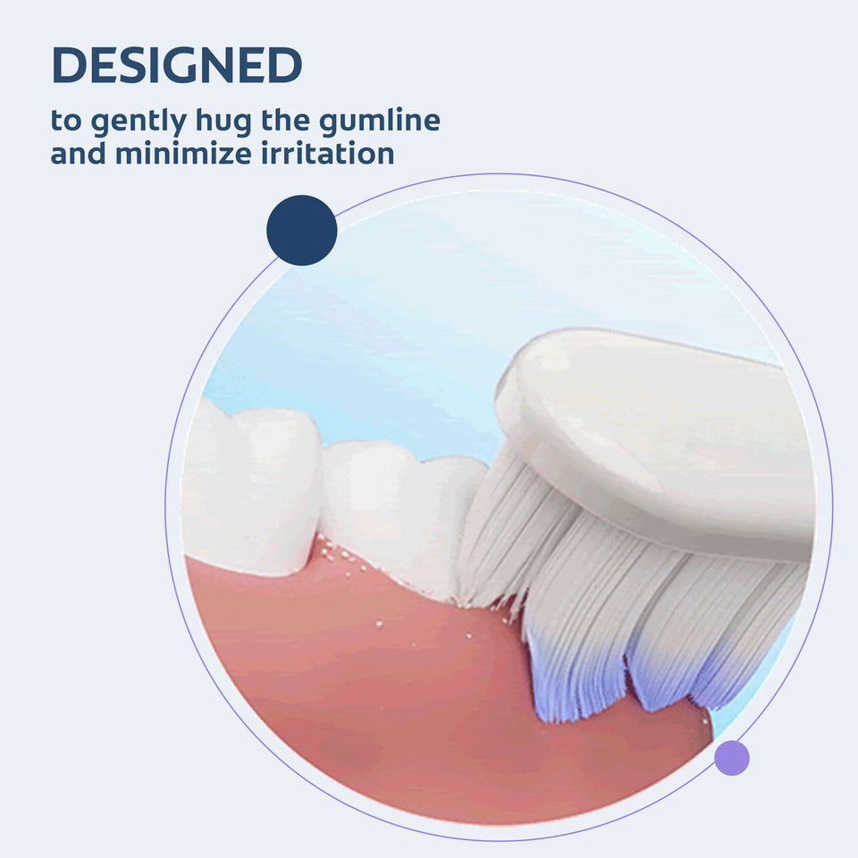 A Colgate Gum Expert Ultra Soft Toothbrush brushing teeth. In text: Designed to gently hug the gumline and minimize irritation.