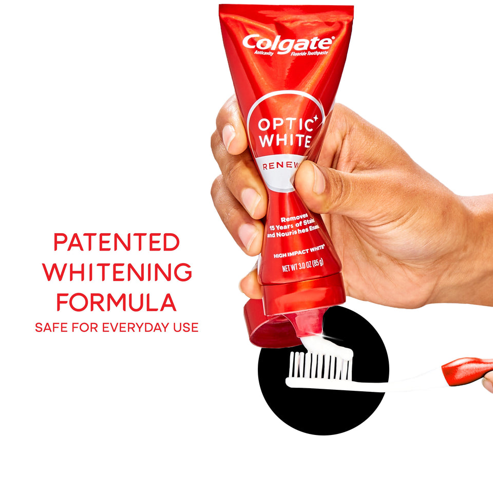 Colgate Optic White Renewal High Impact White Toothpaste being squeezed onto a toothbrush. In text: Patented whitening formula. Safe for everyday use.