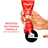Colgate Optic White Renewal High Impact White Toothpaste being squeezed onto a toothbrush. In text: Patented whitening formula. Safe for everyday use.