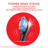 A close-up of the brush head on the Colgate Optic White Pro Series Battery Toothbrush. In text: Power away stains. Rubber polishing cup and multi-height spiral bristles help remove more stains for a bright smile. *with twice daily brushing with Colgate Optic White Advanced toothpaste.