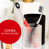 Two Optic White Pro Series Charcoal Manual Toothbrushes in a cup. In text: Comes in two colors.