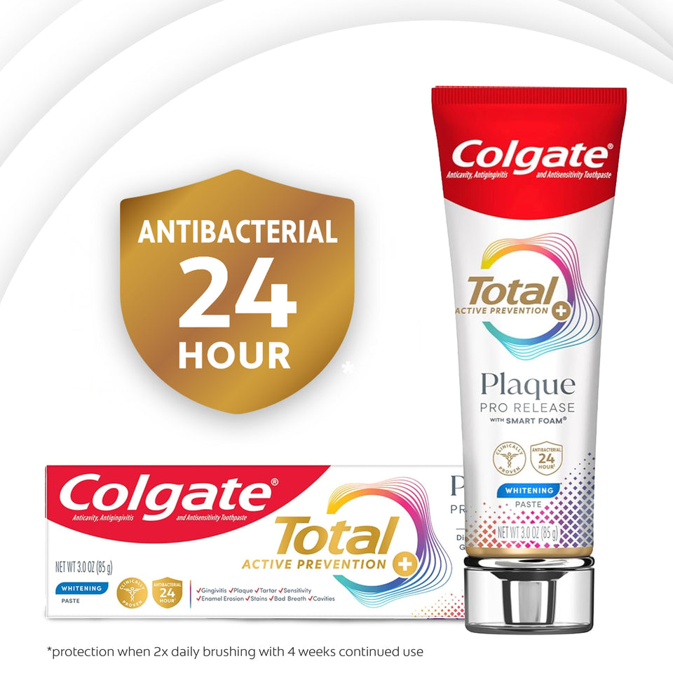 Colgate Total Plaque Pro Release Whitening Toothpaste. A shield icon with text inside: Antibacterial 24 hour. In text on bottom of image: *protection when 2x daily brushing with 4 weeks continued use.