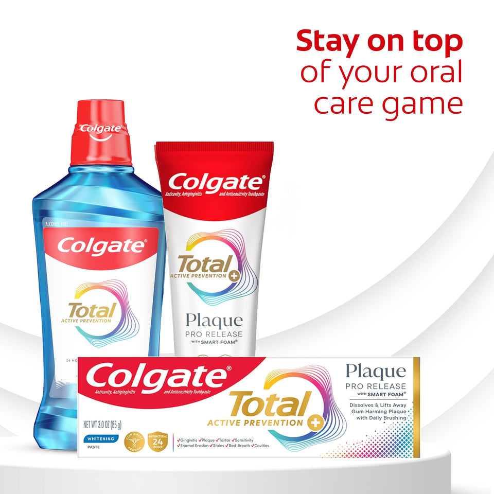 Colgate Total mouthwash and Colgate Total Plaque Pro Release Whitening Toothpaste. In text: Stay on top of your oral care game.
