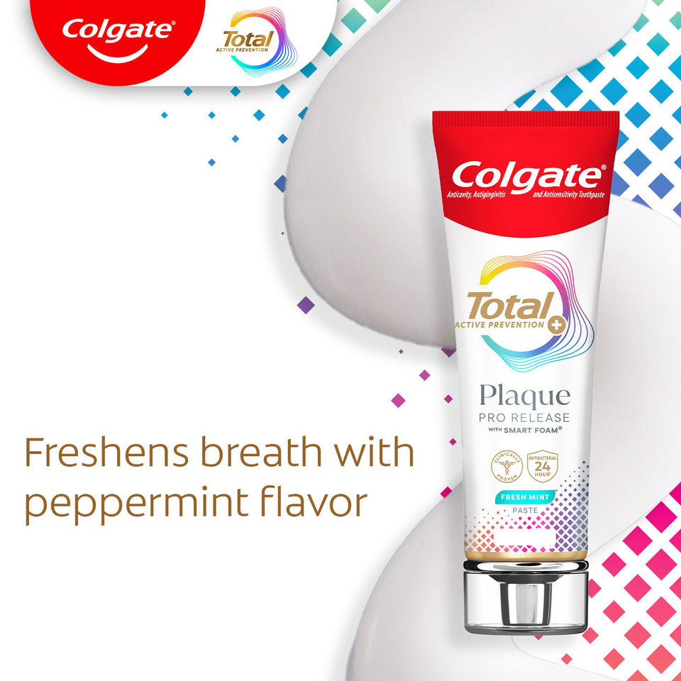 Colgate Total Plaque Pro Release Fresh Mint Toothpaste. In text: Freshens breath with peppermint flavor.