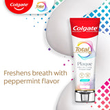 Colgate Total Plaque Pro Release Fresh Mint Toothpaste. In text: Freshens breath with peppermint flavor.