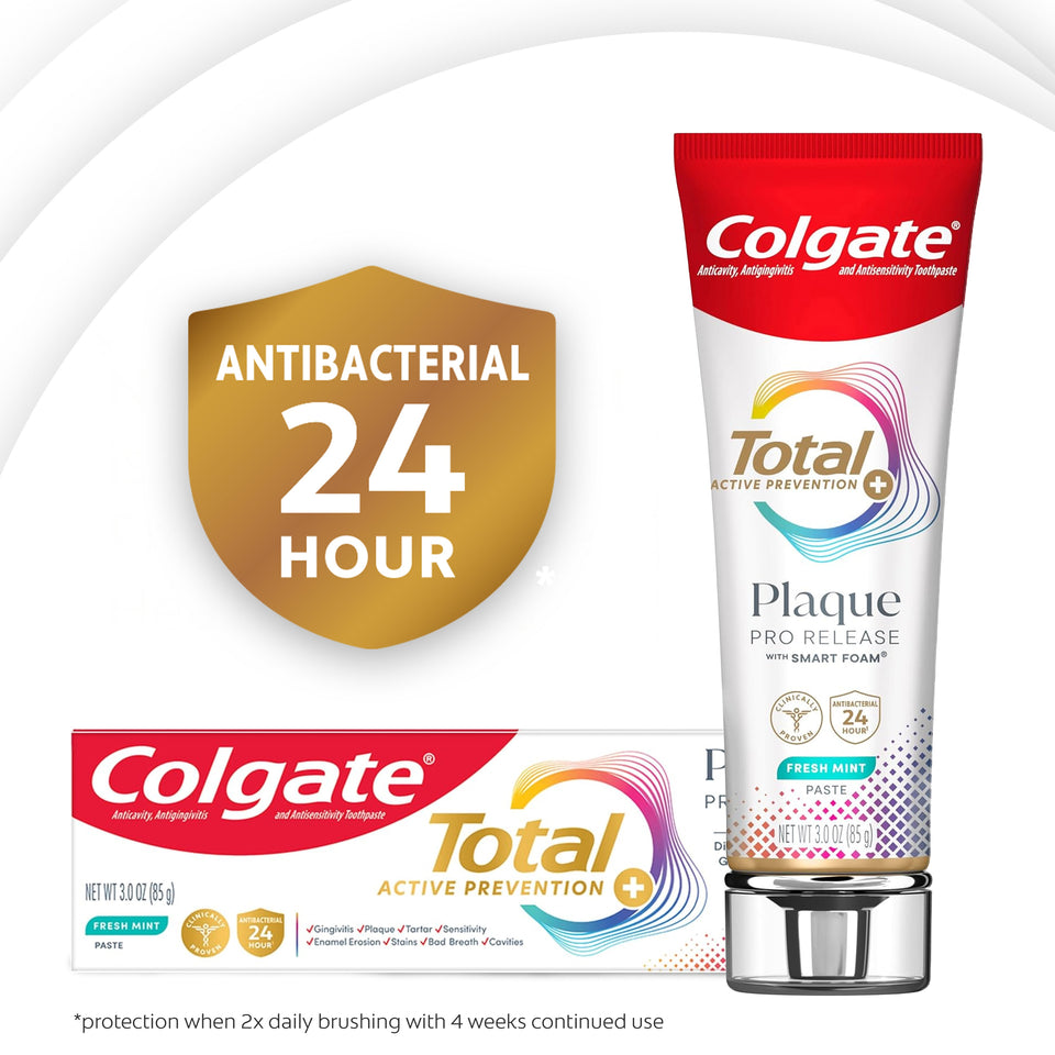 Colgate Total Plaque Pro Release Fresh Mint Toothpaste. A shield icon with text inside: Antibacterial 24 hour. In text on bottom of image: *protection when 2x daily brushing with 4 weeks continued use.