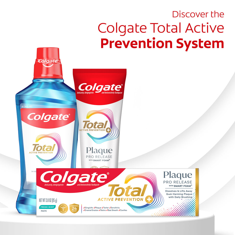 Colgate Total mouthwash and Colgate Total Plaque Pro Release Fresh Mint Toothpaste. In text: Discover the Colgate Total Active Prevention System.