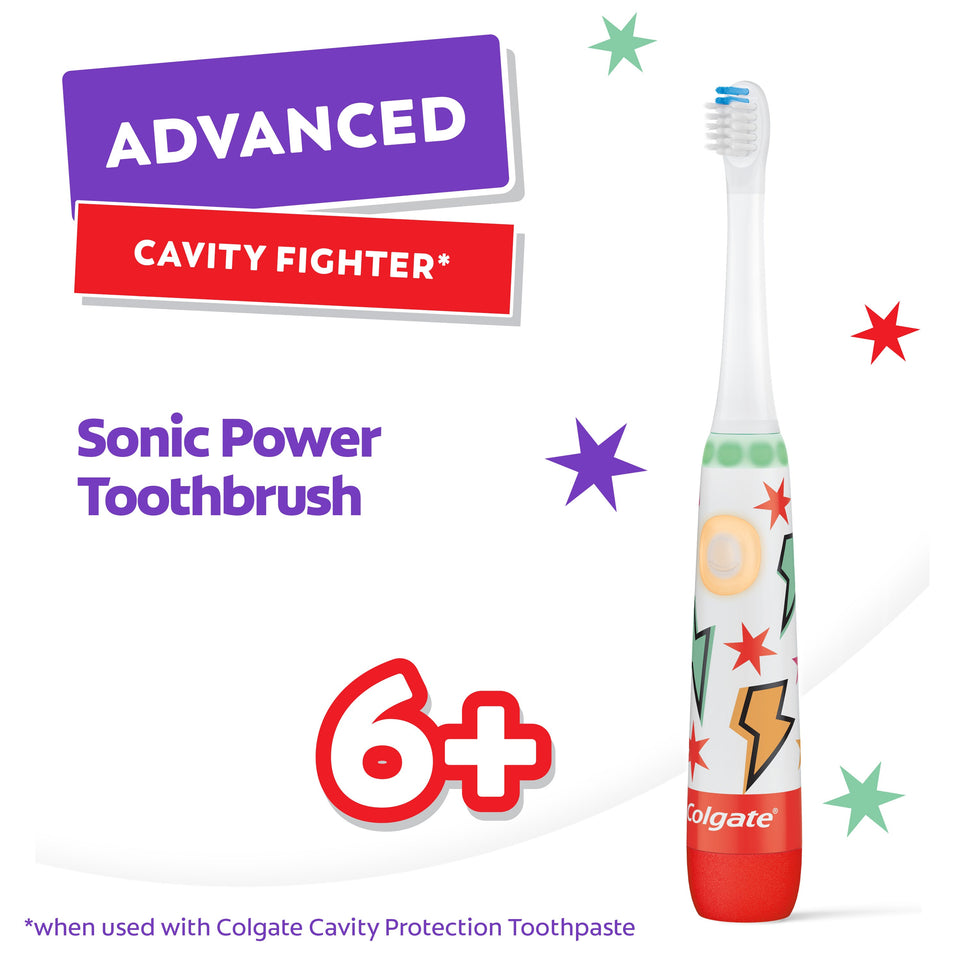 The head of a Colgate Kids Advanced Cavity Fighter Battery Toothbrush. In text: 5x more plaque removal*. *Along the gum line vs. a manual toothbrush.