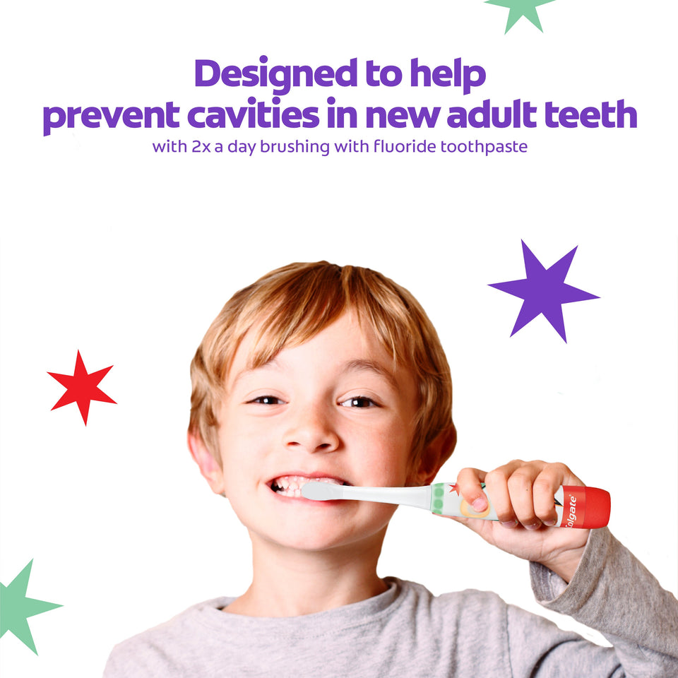 A young boy brushing his teeth with the Colgate Kids Advanced Cavity Fighter Battery Toothbrush. In text: Designed to help prevent cavities in new adult teeth with 2x a day brushing with fluoride toothpaste.