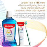 From left to right, a bottle of Colgate Total Active Prevention Peppermint Mouthwash, Colgate Total Active Prevention Mint Whitening Toothpaste and a Colgate Total Active Prevention Foaming Clean Soft Toothbrush. In text: Colgate Total is 15X more effective at fighting the root cause of many oral health problems* when used together. *Such as gingivitis and cavities by reducing bacteria buildup in 6 weeks starting in week 1, vs non-antibacterial fluoride toothpaste and flat trim toothbrush.  