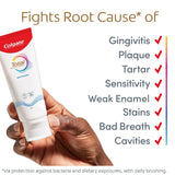 Colgate Total Active Prevention Mint Whitening Toothpaste. In text: Fights root cause* of gingivitis, plaque, tartar, sensitivity, weak enamel, stains, bad breath, and cavities. *via protection against bacteria and dietary exposures, with daily brushing.