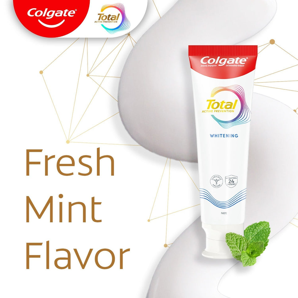 Colgate Total Active Prevention Mint Whitening Toothpaste. In text: Fresh mint flavor.