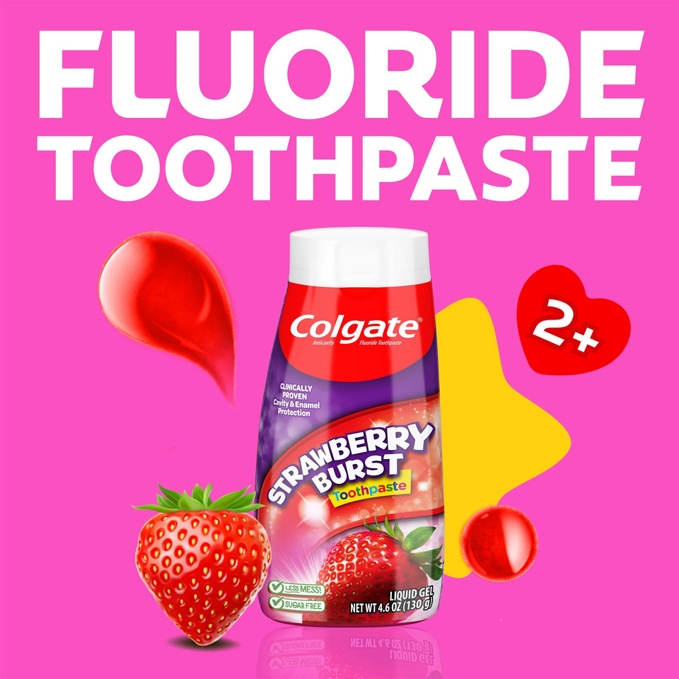 Colgate Kids Strawberry Burst Toothpaste with a strawberry on a pink background. In text: Fluoride Toothpaste 2+.