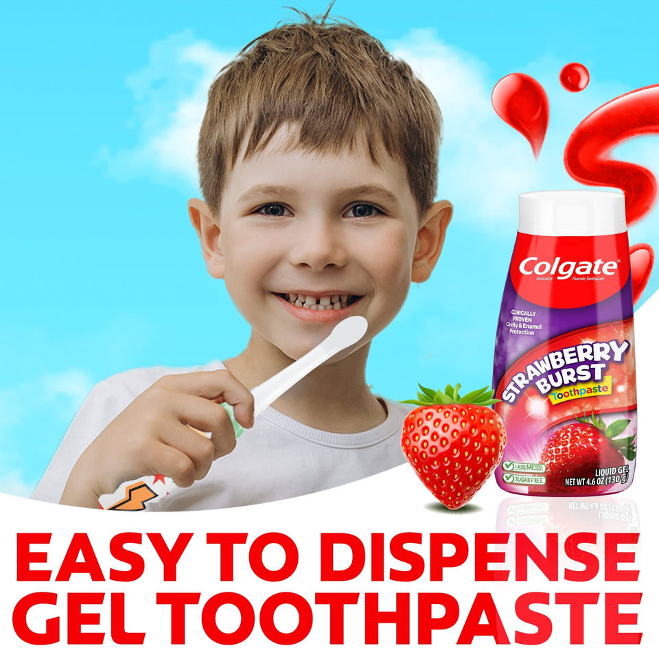 Child with toothbrush and Colgate Kids Strawberry Burst Toothpaste on a blue background. In text: Easy to dispense gel toothpaste.