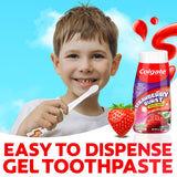 Child with toothbrush and Colgate Kids Strawberry Burst Toothpaste on a blue background. In text: Easy to dispense gel toothpaste.