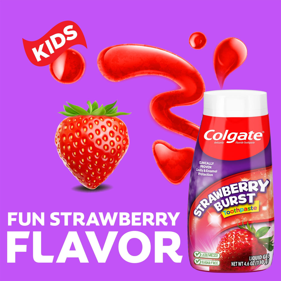 Colgate Kids Strawberry Burst Toothpaste with a strawberry and red swirls on a purple background. A red banner with text: Kids. In text: Fun strawberry flavor.