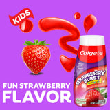 Colgate Kids Strawberry Burst Toothpaste with a strawberry and red swirls on a purple background. A red banner with text: Kids. In text: Fun strawberry flavor.