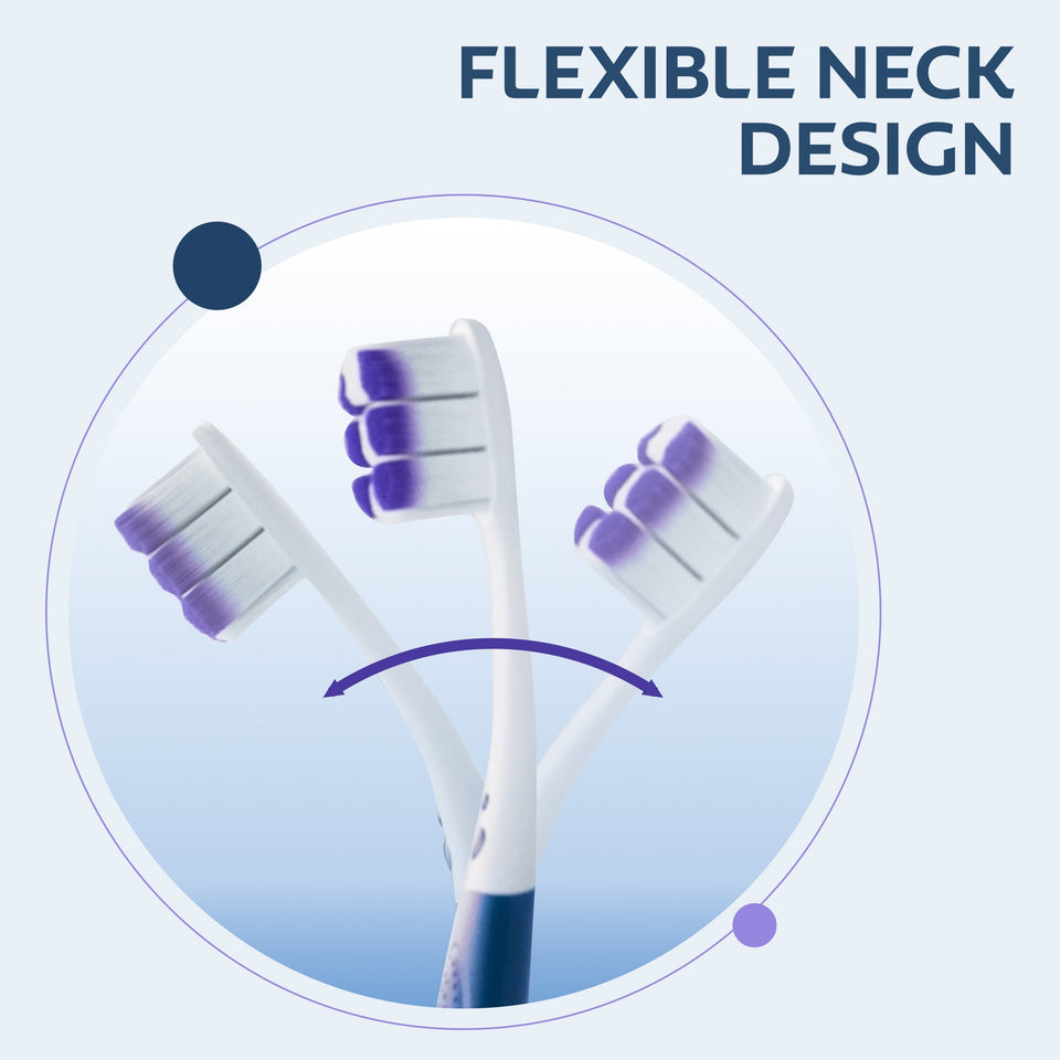 A Colgate Gum Expert Ultra Soft Toothbrush bending back and forth. In text: Flexible neck design.