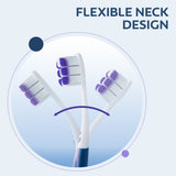 A Colgate Gum Expert Ultra Soft Toothbrush bending back and forth. In text: Flexible neck design.