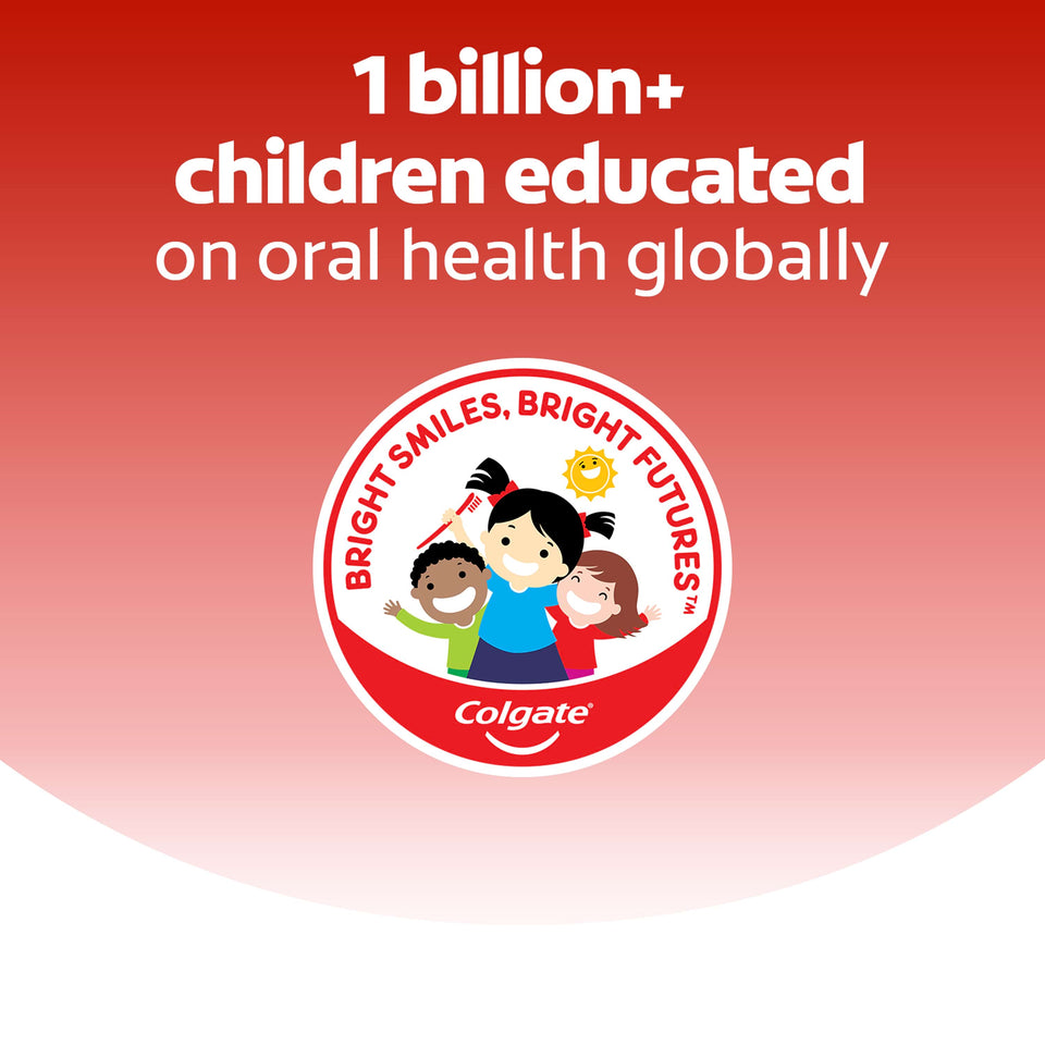 In text: 1 billion+ children educated on oral health globally. Bright smiles, bright futures.