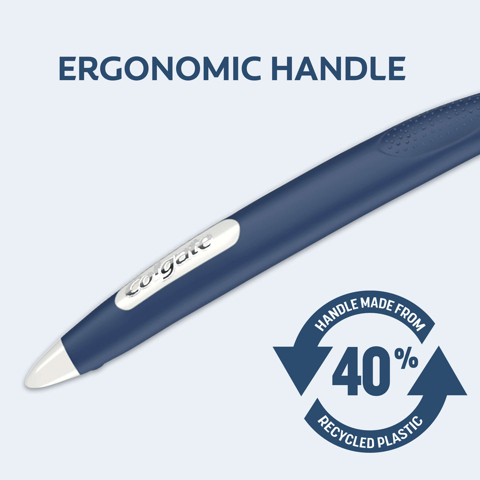 The handle of a Colgate Gum Expert Ultra Soft Toothbrush. In text: Ergonomic handle. Handle made from 40% recycled plastic.