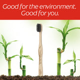 Colgate Bamboo Charcoal Manual Toothbrush with bamboo plants. In text: 'Good for the environment. Good for you.' 