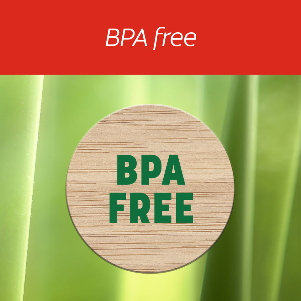 BPA free label on a green background with a red banner at the top. In text: BPA Free.