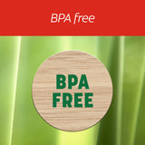 BPA free label on a green background with a red banner at the top. In text: BPA Free.