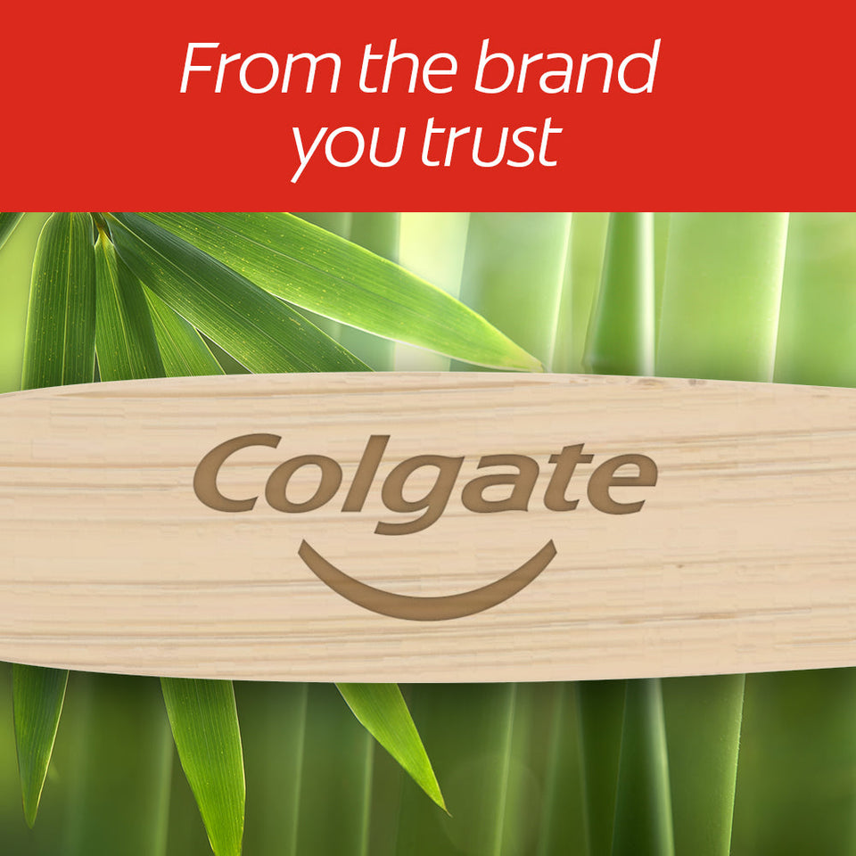 A close-up of the Colgate logo on the Colgate Bamboo toothbrush. In text: From the brand you trust.