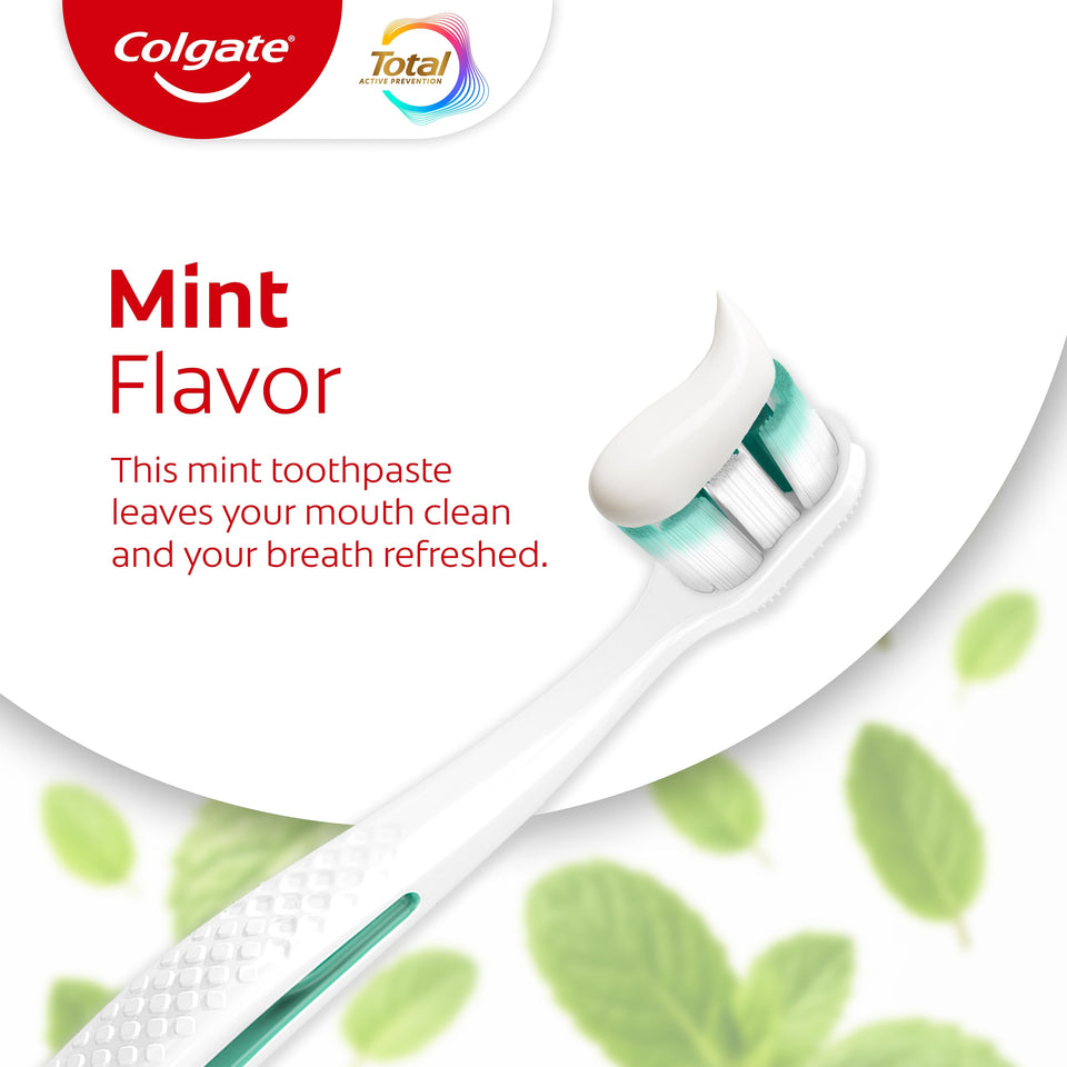 Colgate Total Plaque Pro Release Toothpaste on a toothbrush. In text: Mint flavor. This mint toothpaste leaves your mouth clean and your breath refreshed.