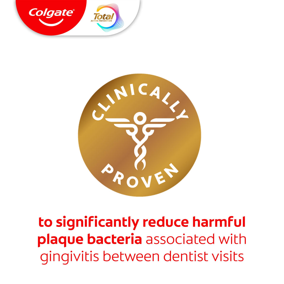 A medical icon badge with text inside: Clinically Proven. In text below: to significantly reduce harmful plaque bacteria associated with gingivitis between dental visits.