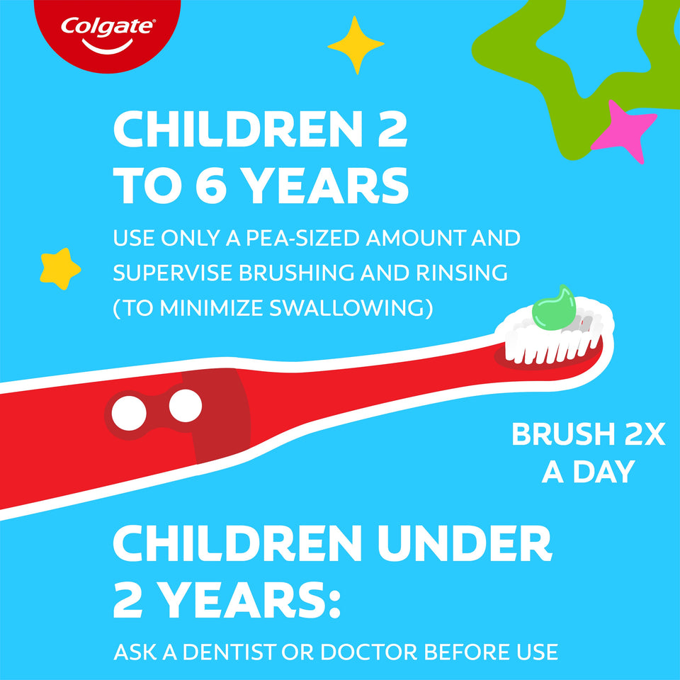 Colgate toothbrush and toothpaste illustration with usage instructions for children on a blue background. In text: Children 2 to 6 years use only a pea-sized amount and supervise brushing and rinsing (to minimize swallowing). Brush 2x a day. Children under 2 years: ask a dentist or doctor before use.