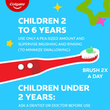 Colgate toothbrush and toothpaste illustration with usage instructions for children on a blue background. In text: Children 2 to 6 years use only a pea-sized amount and supervise brushing and rinsing (to minimize swallowing). Brush 2x a day. Children under 2 years: ask a dentist or doctor before use.