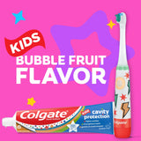 Colgate Kids Cavity Protection Toothpaste and Colgate Kids Advanced Cavity Fighter Battery Toothbrush on a pink background with stars. In text: Kids bubble fruit flavor.