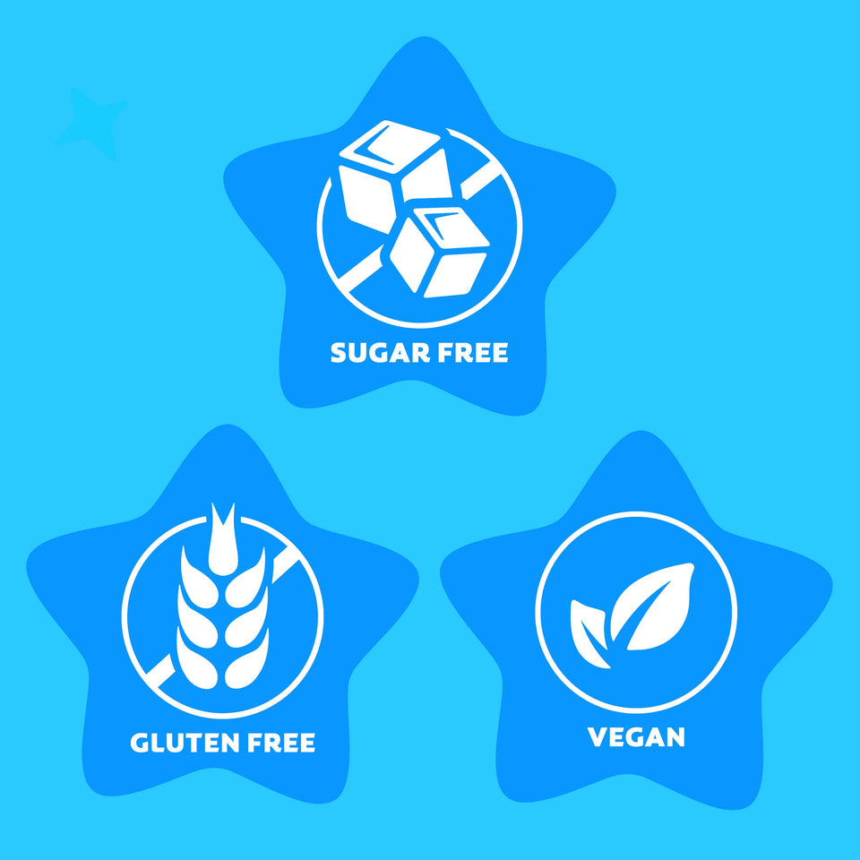 Three star-shaped icons indicating 'Sugar Free', 'Gluten Free', and 'Vegan' on a blue background.