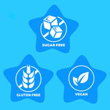 Three star-shaped icons indicating 'Sugar Free', 'Gluten Free', and 'Vegan' on a blue background.