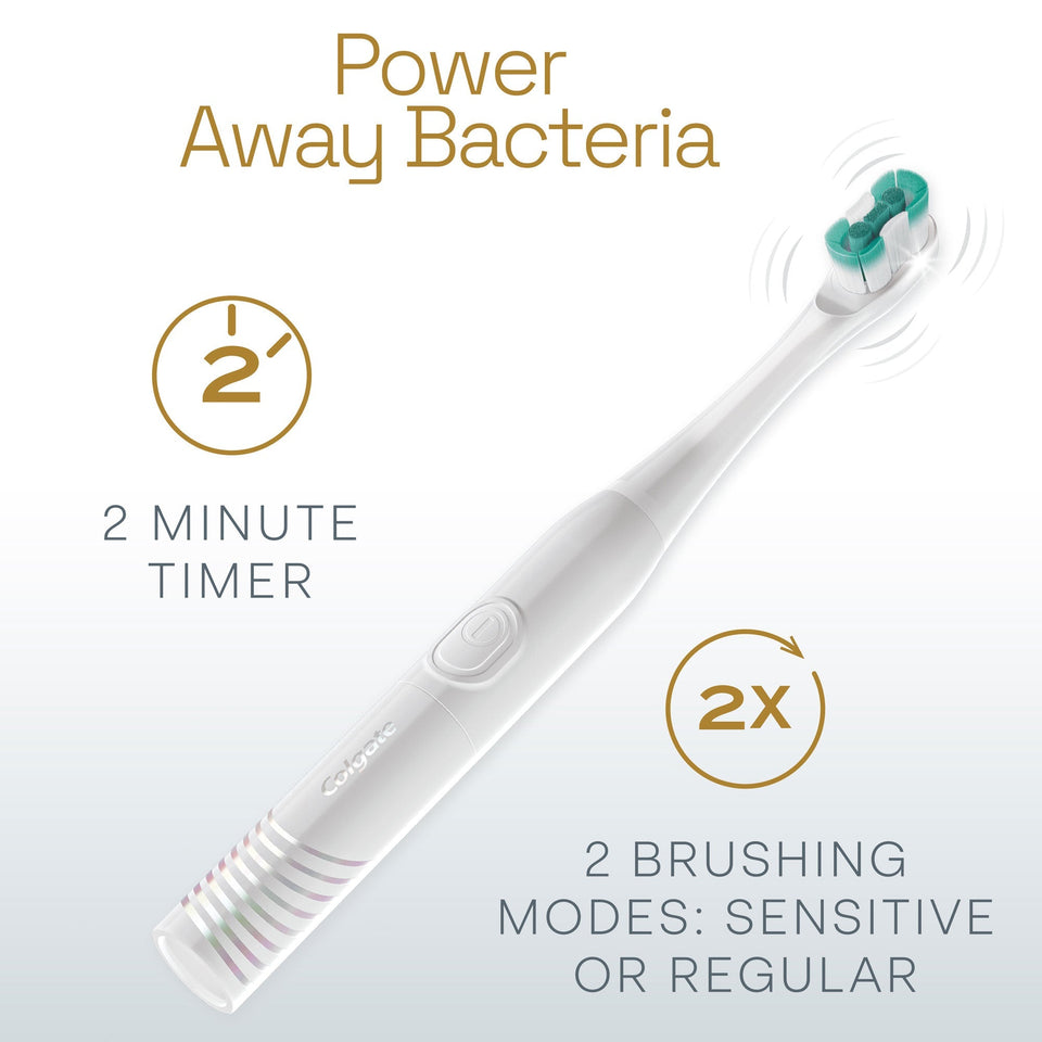 White Colgate Total Battery Powered Toothbrush. In text: Power Away Bacteria. 2 Minute Timer. 2 Brushing Modes: Sensitive or Regular.